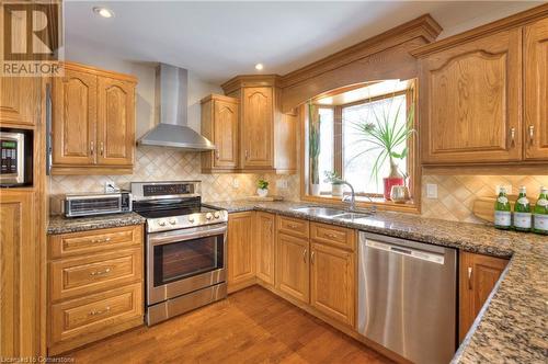 Kitchen with wall chimney range hood, sink, light hardwood / wood-style flooring, decorative backsplash, and stainless steel appliances - 19 Halifax Drive, Kitchener, ON - Indoor Photo Showing Kitchen With Double Sink