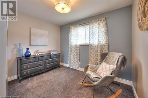 Living area featuring dark colored carpet - 19 Halifax Drive, Kitchener, ON - Indoor