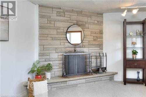 Details with a stone fireplace and carpet - 19 Halifax Drive, Kitchener, ON - Indoor Photo Showing Other Room