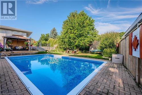 View of the swimming pool featuring a gazebo, a patio area, and a trampoline in the summer time - 19 Halifax Drive, Kitchener, ON - Outdoor With In Ground Pool With Backyard