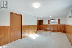 Spare room featuring wood walls, light colored carpet, and a textured ceiling - 