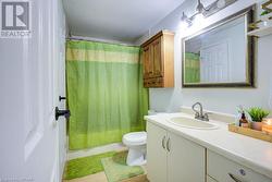 Bathroom featuring a shower with curtain, vanity, toilet, and wood-type flooring - 