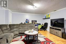 Living room with ornamental molding, a textured ceiling, and hardwood / wood-style flooring - 