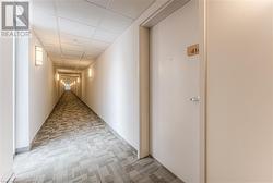 Corridor with a paneled ceiling and light carpet - 