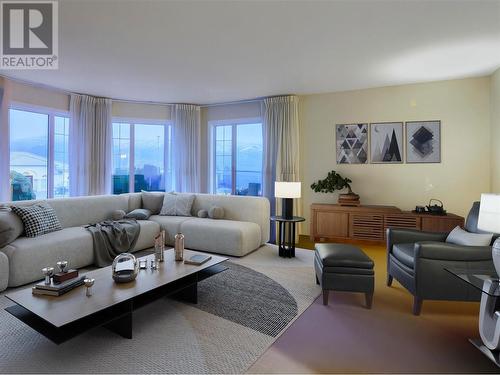 Main living area with large bay windows -staged - 11900 Olympic View Drive, Osoyoos, BC - Indoor Photo Showing Living Room