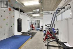 Workout area featuring light carpet - 