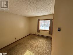 Spare room with a textured ceiling, carpet floors, and baseboard heating - 