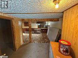 Basement with carpet flooring and wooden walls - 