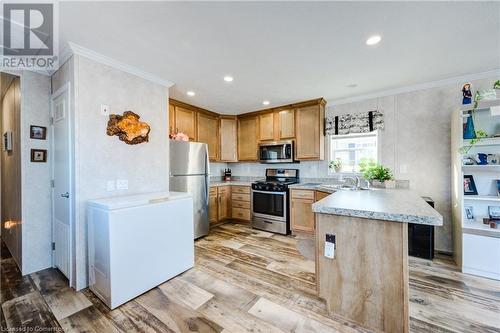 Kitchen featuring kitchen peninsula, ornamental molding, stainless steel appliances, sink, and light hardwood / wood-style flooring - 99 Fourth Conc Road, Burford, ON - Indoor Photo Showing Kitchen