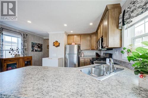 Kitchen with crown molding, sink, and stainless steel appliances - 99 Fourth Conc Road, Burford, ON - Indoor Photo Showing Kitchen With Double Sink