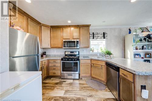 Kitchen with crown molding, sink, light hardwood / wood-style floors, kitchen peninsula, and stainless steel appliances - 99 Fourth Conc Road, Burford, ON - Indoor Photo Showing Kitchen