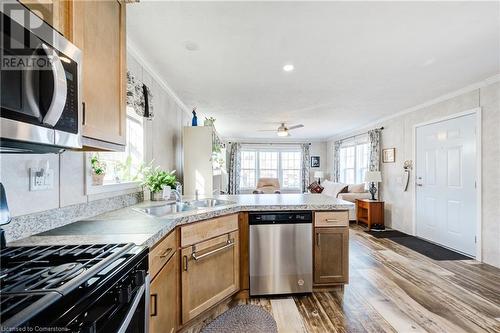 Kitchen with ceiling fan, crown molding, stainless steel appliances, and light hardwood. - 99 Fourth Conc Road, Burford, ON - Indoor Photo Showing Kitchen