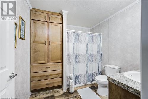 Bathroom featuring crown molding, a textured ceiling, toilet, vanity, and hardwood / wood-style flooring - 99 Fourth Conc Road, Burford, ON - Indoor Photo Showing Bathroom