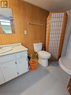 Bathroom featuring wooden walls, vanity, concrete floors, and toilet - 