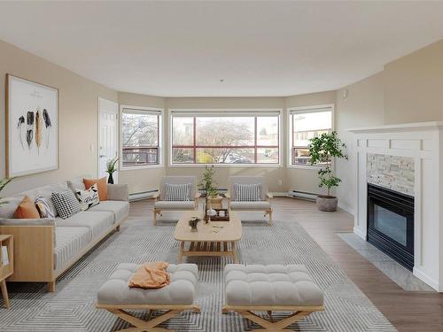 205-9711 Fifth St, Sidney, BC - Indoor Photo Showing Living Room With Fireplace