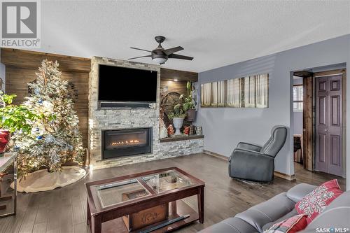 201 Hudson Avenue, Fort Qu'Appelle, SK - Indoor Photo Showing Living Room With Fireplace