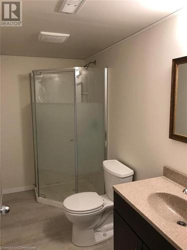 Bathroom featuring hardwood / wood-style floors, vanity, toilet, and walk in shower - 11 Sorrento Street, Kitchener, ON - Indoor Photo Showing Bathroom