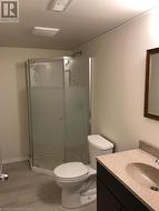 Bathroom featuring hardwood / wood-style floors, vanity, toilet, and walk in shower - 