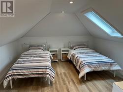 Bedroom featuring light wood-type flooring and vaulted ceiling with skylight - 