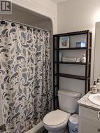 Bathroom featuring a shower with shower curtain, vanity, and toilet - 