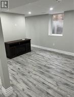 Basement with light hardwood / wood-style flooring - 