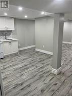 Basement with light wood-type flooring and sink - 