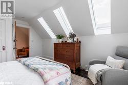 Bedroom featuring vaulted ceiling with skylight and wood flooring - 