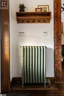 Interior details featuring radiator, hardwood flooring, and ceiling fan - 