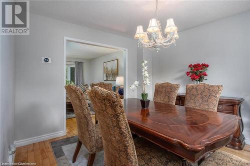 Dining room featuring a chandelier and wood-type flooring - 134 Bayne Crescent, Cambridge, ON 