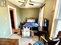 Carpeted bedroom with ceiling fan and a textured ceiling - 