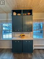 Kitchen with wood walls, wooden ceiling, dark hardwood / wood-style floors, and a baseboard heating unit - 