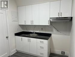 Kitchen featuring white cabinets, dark hardwood / wood-style floors, sink, and electric panel - 