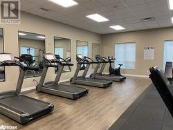 Exercise room with a drop ceiling, plenty of natural light, and hardwood / wood-style flooring - 