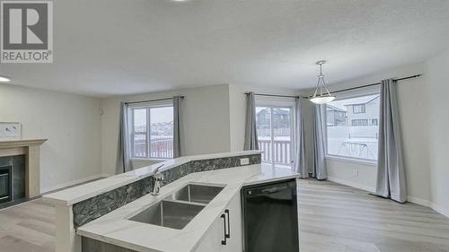 246 Saddlefield Place Ne, Calgary, AB - Indoor Photo Showing Kitchen With Fireplace With Double Sink