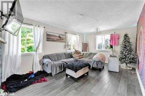 Living room with a textured ceiling and hardwood / wood-style flooring - 8876 County Road 56, Utopia, ON 