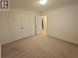 Unfurnished bedroom with light colored carpet, crown molding, and a closet - 