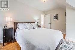 Bedroom with light hardwood / wood-style floors and lofted ceiling - 