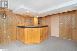 Bar featuring wood walls and light colored carpet - 