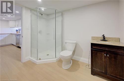 Bathroom featuring toilet, hardwood / wood-style floors, vanity, and walk in shower - 209 Cornwall Street, Waterloo, ON - Indoor Photo Showing Bathroom