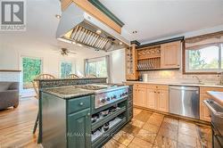 Kitchen featuring light brown cabinetry, stainless steel appliances, island range hood, ceiling fan, and a center island - 