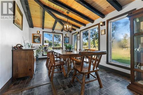 Dining room with a view. Check out that ceiling! - 5258 Murphy Road, Calabogie, ON - Indoor Photo Showing Dining Room