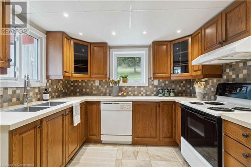 Quartz Countertops, Porcelain Tile Floors - 229 Main Street W, Grimsby, ON - Indoor Photo Showing Kitchen With Double Sink