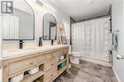 Full bathroom with vanity, shower / bathtub combination with curtain, and toilet - 12 Hardcastle Place, Cambridge, ON - Indoor Photo Showing Bathroom