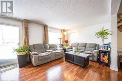 Living room with dark wood-type flooring and a textured ceiling - 