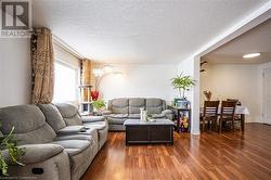 Living area featuring dark wood-type flooring and a textured ceiling - 