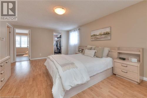 Bedroom featuring baseboards, a closet, a textured ceiling, a walk in closet, and light wood-type flooring - 105 Sabrina Crescent, Kitchener, ON - Indoor Photo Showing Bedroom