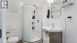 Full bath featuring vanity, a shower stall, and toilet - 