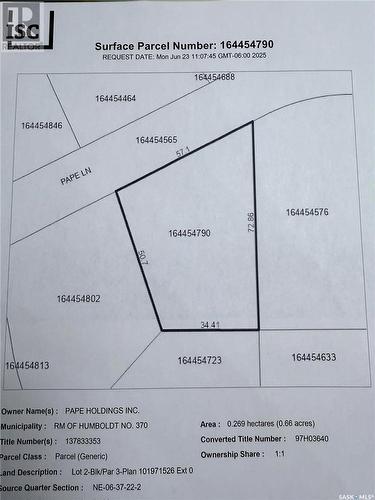 Lot 2 Blk 3 Pape Lane, Humboldt Rm No. 370, SK 