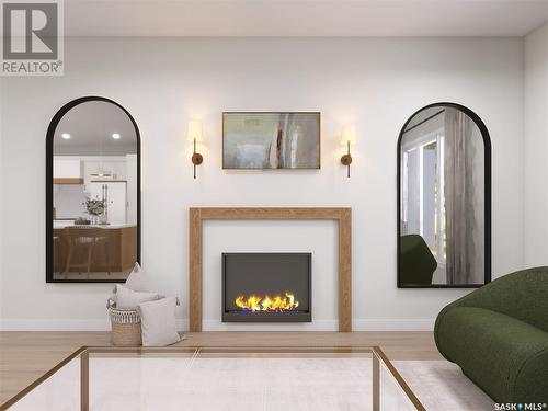 8 Oak Bay, Shields, SK - Indoor Photo Showing Living Room With Fireplace