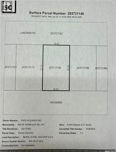 14 Lakepark Road, Humboldt Rm No. 370, SK 